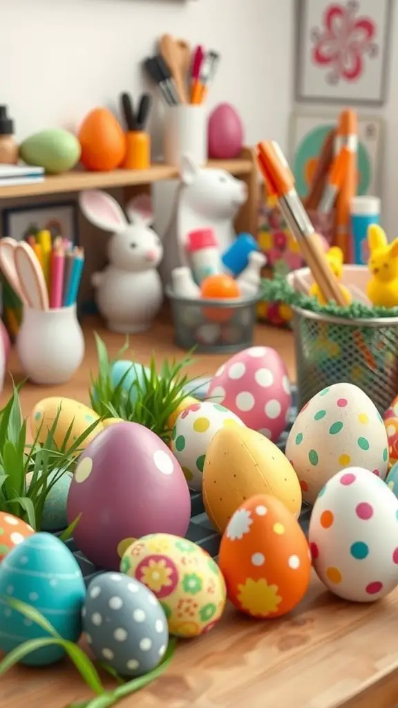 Colorful paper mache Easter eggs on a table with craft supplies