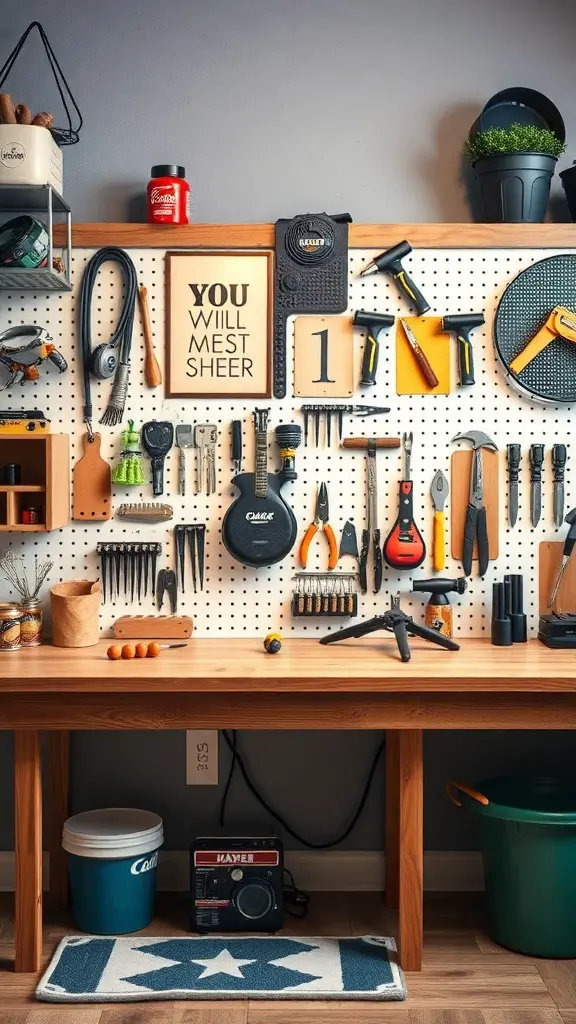 A well-organized pegboard with tools and a motivational sign in a garage workspace.