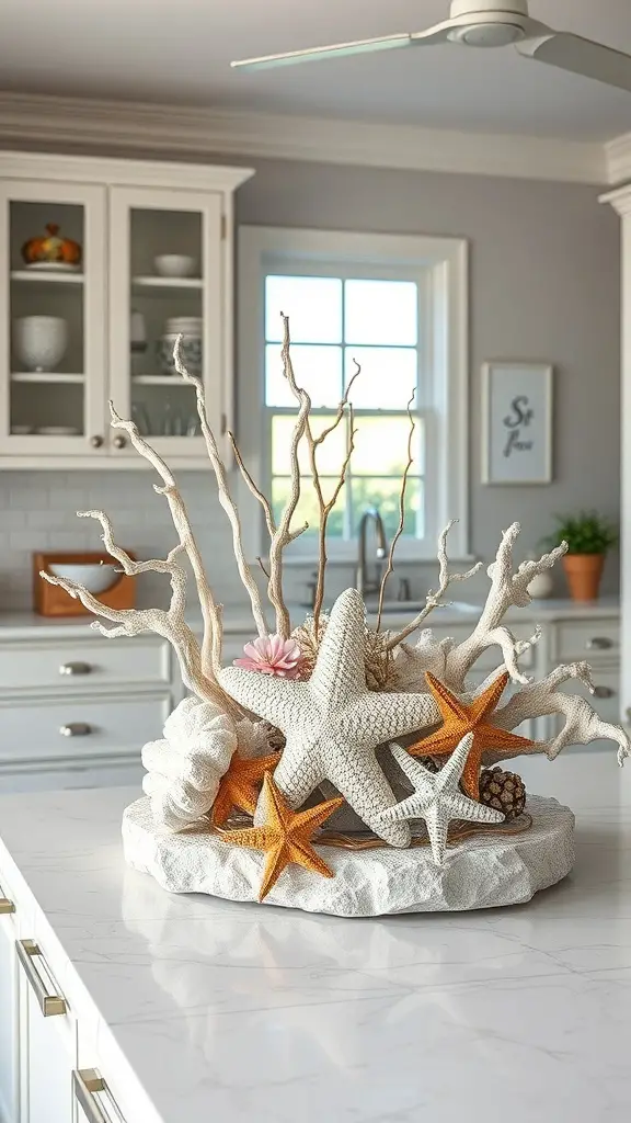 A centerpiece featuring starfish, coral, and shells arranged on a stone base.