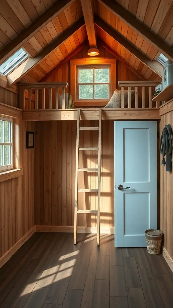 27+ Inspiring Tiny Shed House Ideas 2 Interior of a tiny shed house with a loft, featuring wooden walls and a ladder.