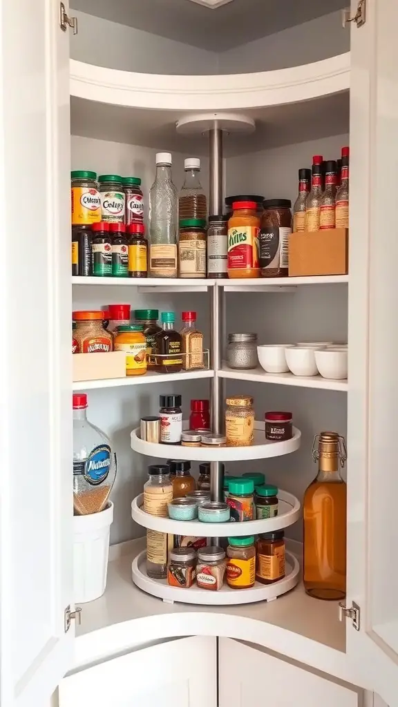 Organized kitchen cupboard with Lazy Susans holding various spices and sauces.