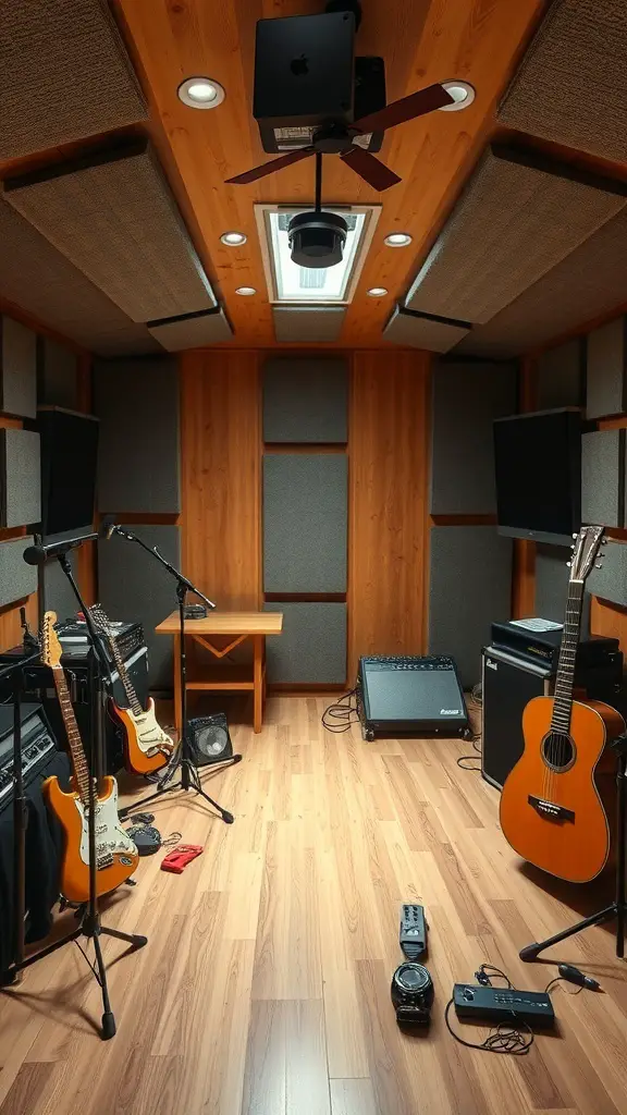 Interior of a music studio shed with guitars, amplifiers, and soundproofing.