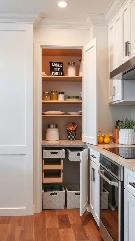 27+ Creative Corner Kitchen Pantry Ideas to Maximize Your Space 2 A corner kitchen pantry with organized shelves and pull-out drawers.