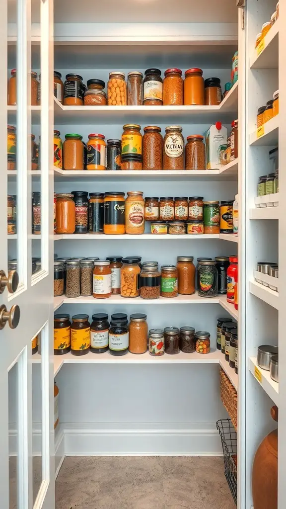 29+ Creative Small Pantry Ideas to Maximize Space 2 A well-organized small pantry with jars and containers on shelves.