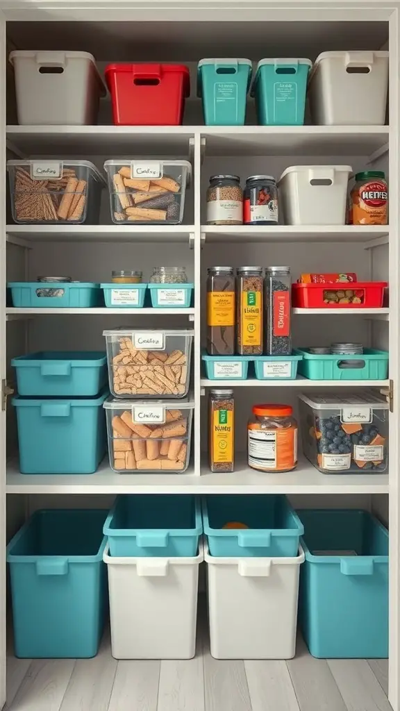 A neatly organized closet pantry with color-coded bins and labeled containers.