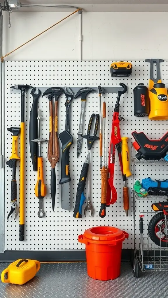 A well-organized garage pegboard displaying various tools and accessories.