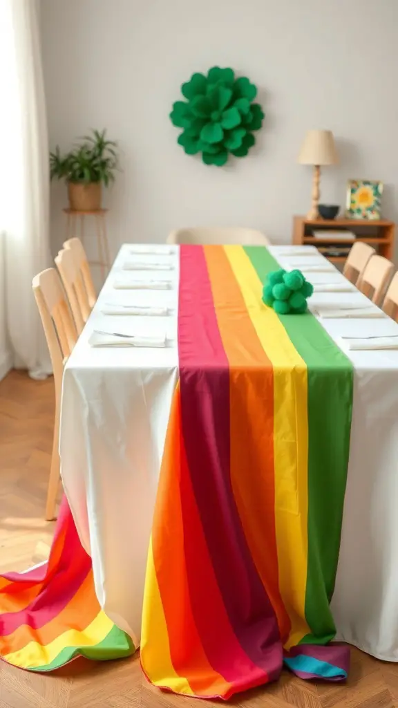 A rainbow-striped table runner on a dining table with green decorations for St. Patrick's Day.
