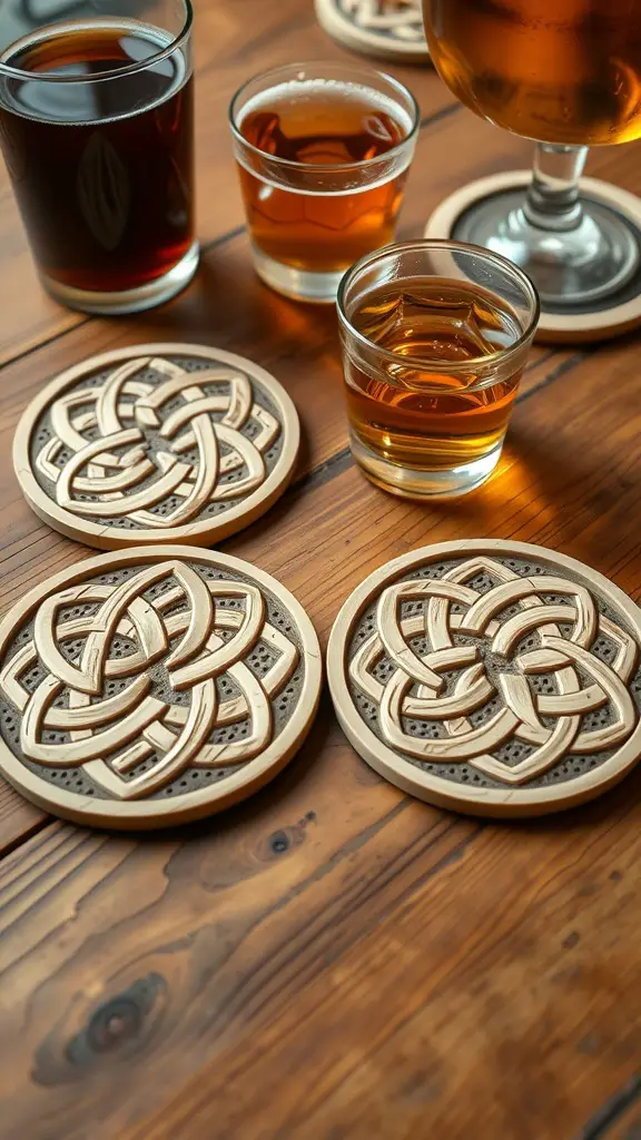 Celtic knot coasters on a wooden table with drinks