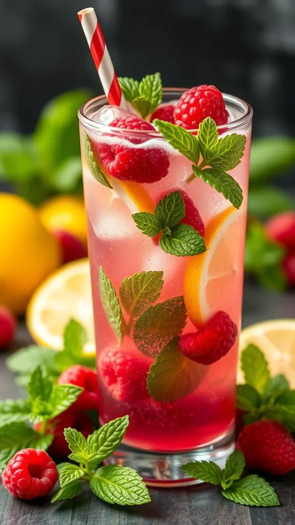 A refreshing glass of sparkling raspberry lemonade with mint and lemon slices.