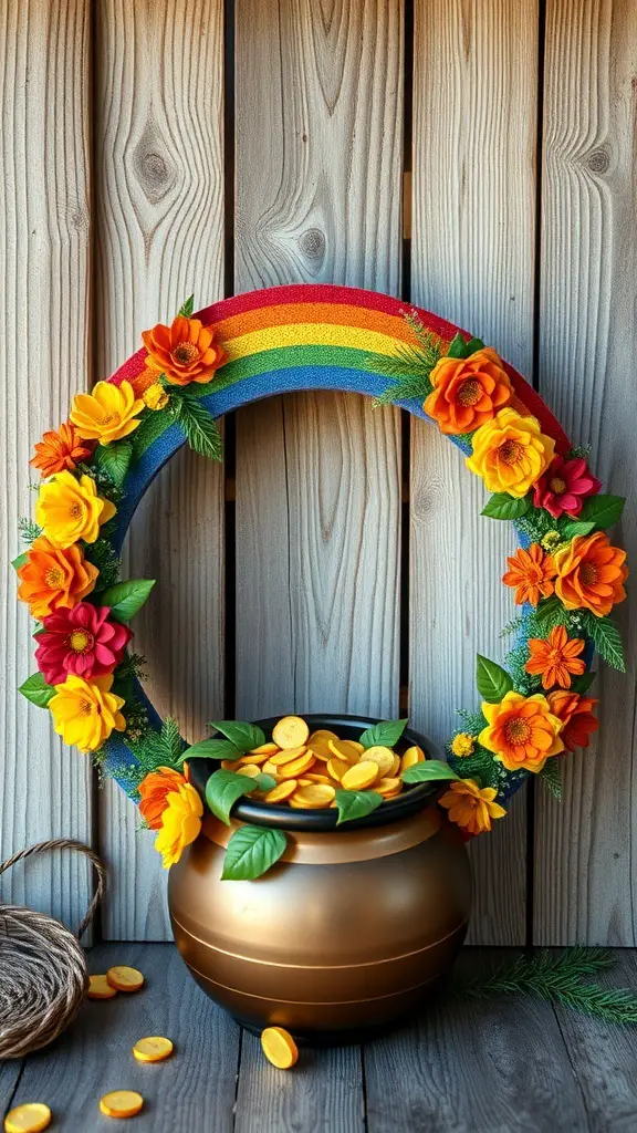 A colorful rainbow wreath adorned with flowers and a pot of gold coins.