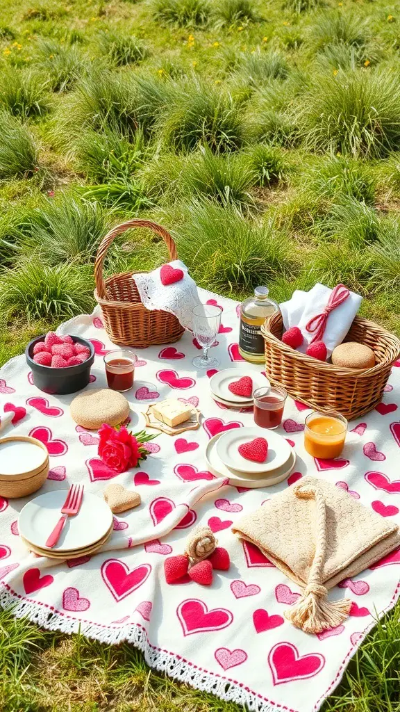 Cozy picnic setup with heart-themed blanket, food, and drinks in a grassy field.