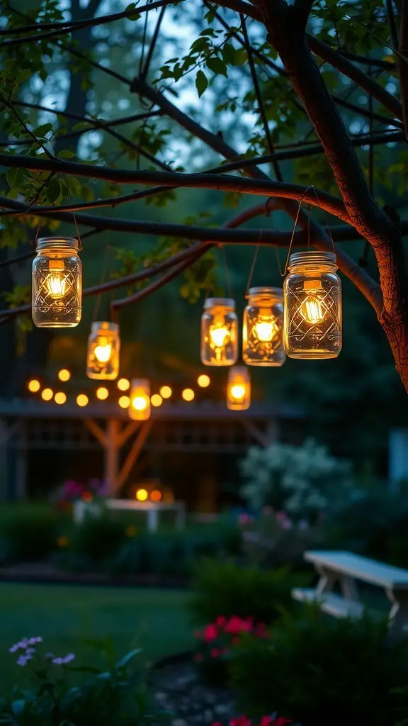 Mason jar lanterns hanging from tree branches, glowing softly in a garden setting.