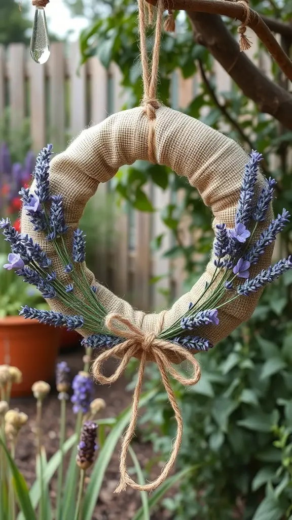 A burlap wreath adorned with lavender flowers, hanging outdoors.