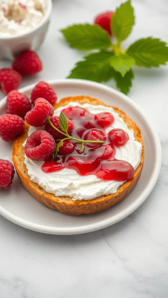 A toasted bagel topped with cream cheese, raspberry jam, and fresh raspberries on a plate.