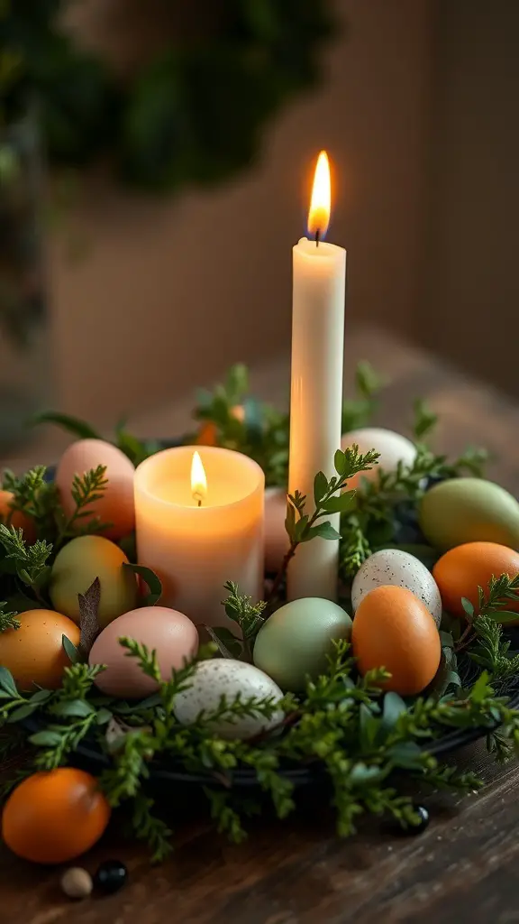 A candle centerpiece with colorful eggs and greenery for Easter decoration.