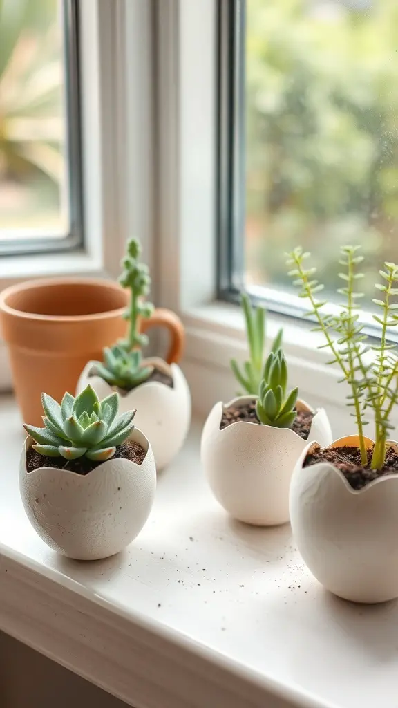 A collection of eggshell planters with small succulents on a windowsill.