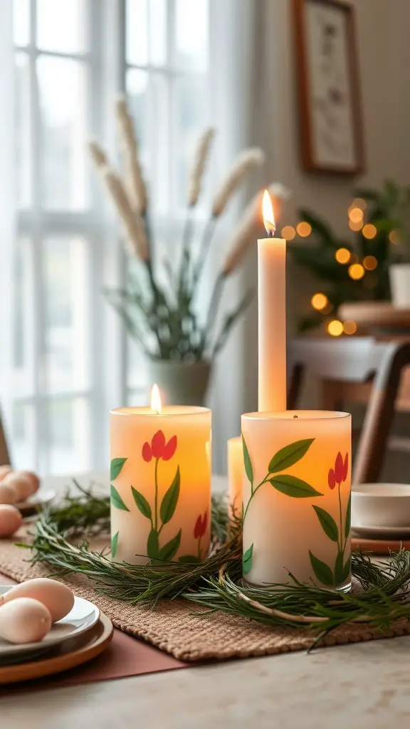 Easter-themed candle holders with floral designs and greenery