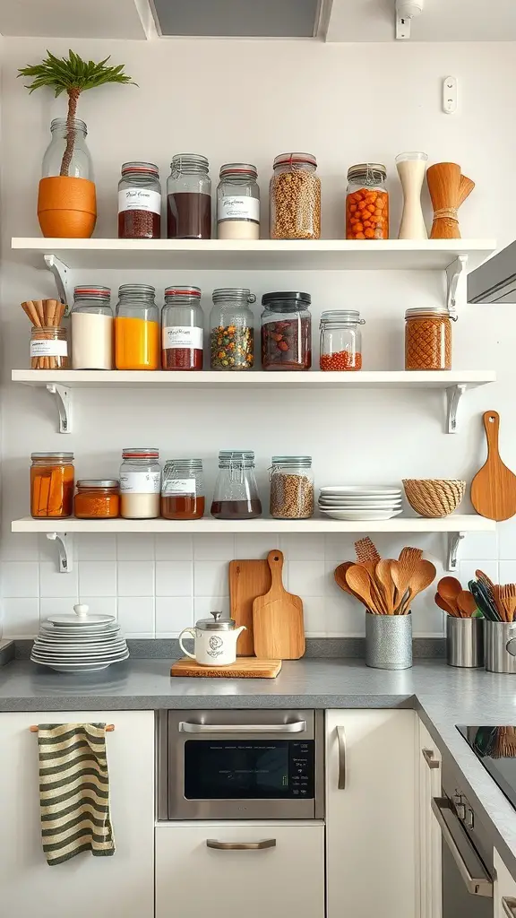 Organized kitchen shelves with jars, utensils, and a plant.