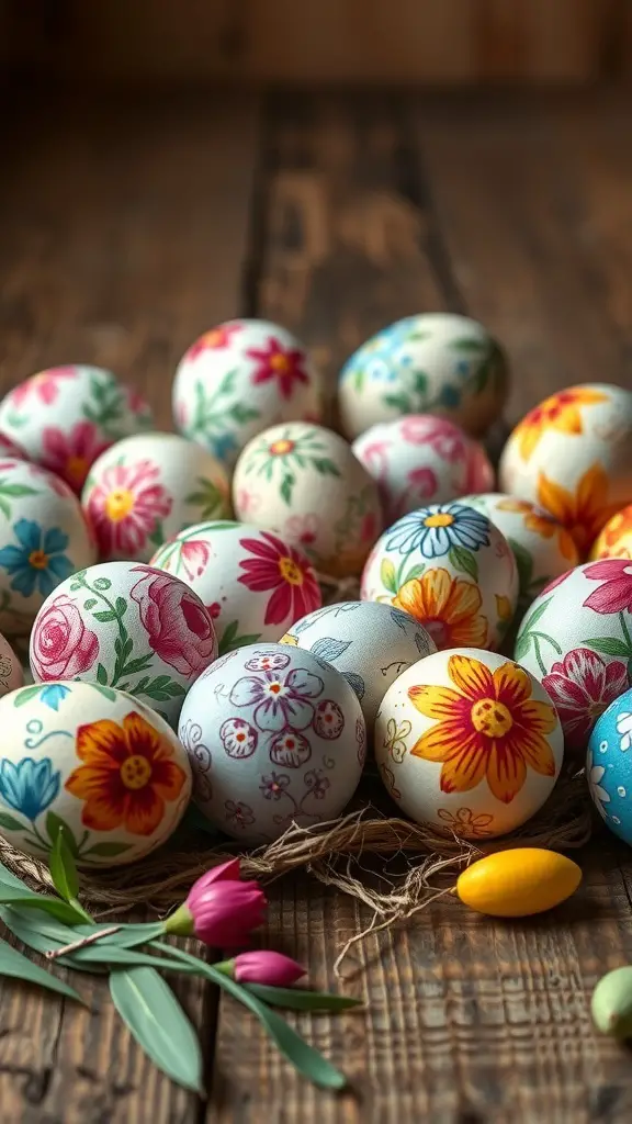 A collection of hand-painted Easter eggs with floral designs on a wooden surface.