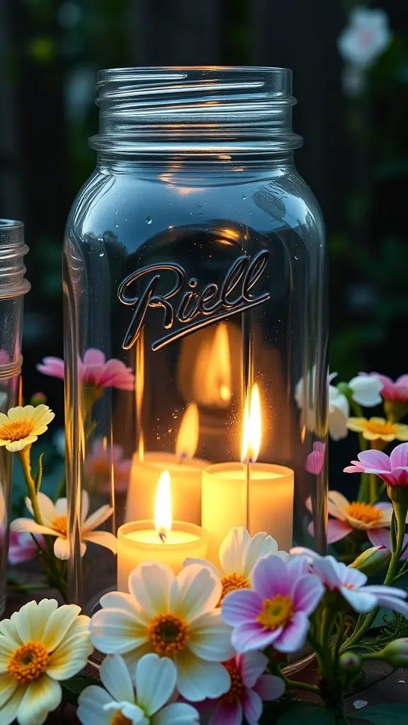 Mason jar lanterns with candles surrounded by colorful flowers
