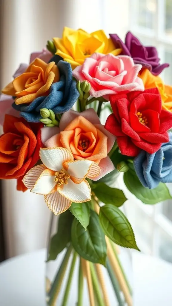 A colorful bouquet of fabric flowers in various shapes and colors, displayed in a clear vase.