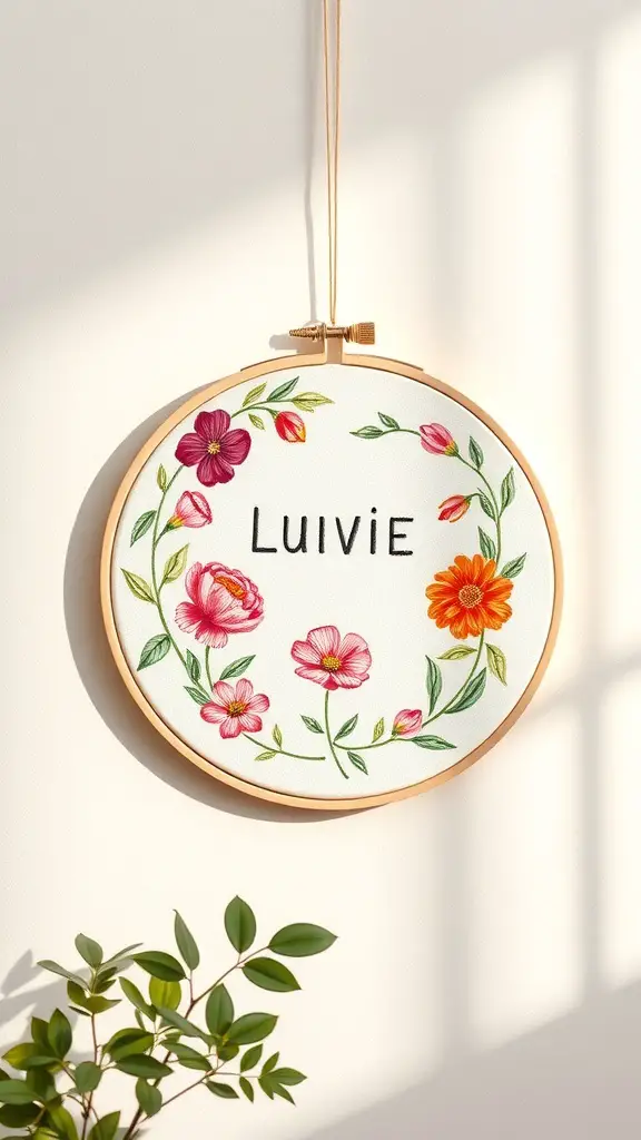Floral embroidery hoop art featuring colorful flowers and the name 'Luivie'