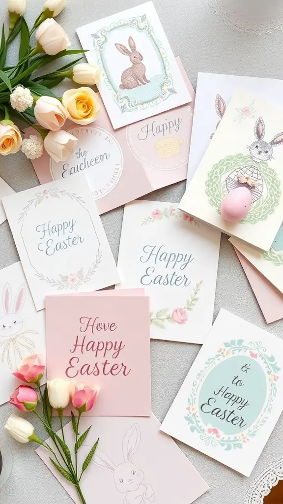 A collection of Easter-themed greeting cards with floral designs and bunny illustrations, alongside pastel-colored flowers.