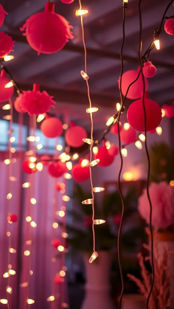 A beautiful display of string lights intertwined with pink and red decorations, creating a festive atmosphere.