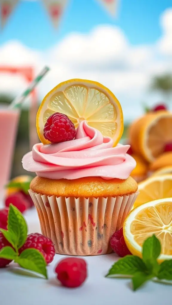 A Raspberry Lemonade Burst cupcake topped with pink frosting, a lemon slice, and raspberries, surrounded by fresh raspberries and lemon slices.