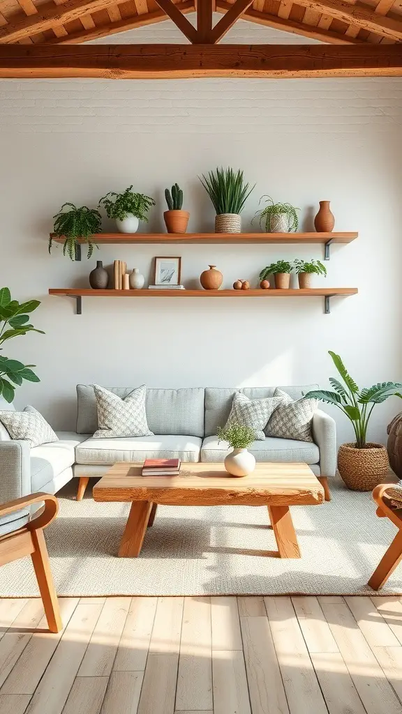 A cozy living room featuring natural wood accents, including shelves, a coffee table, and plants.