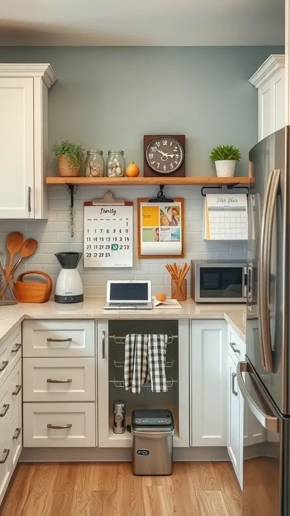A kitchen command center with a calendar, clock, storage jars, and a tablet.
