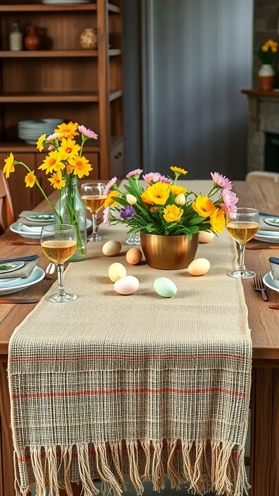 A burlap table runner on a wooden table with flowers and decorative eggs