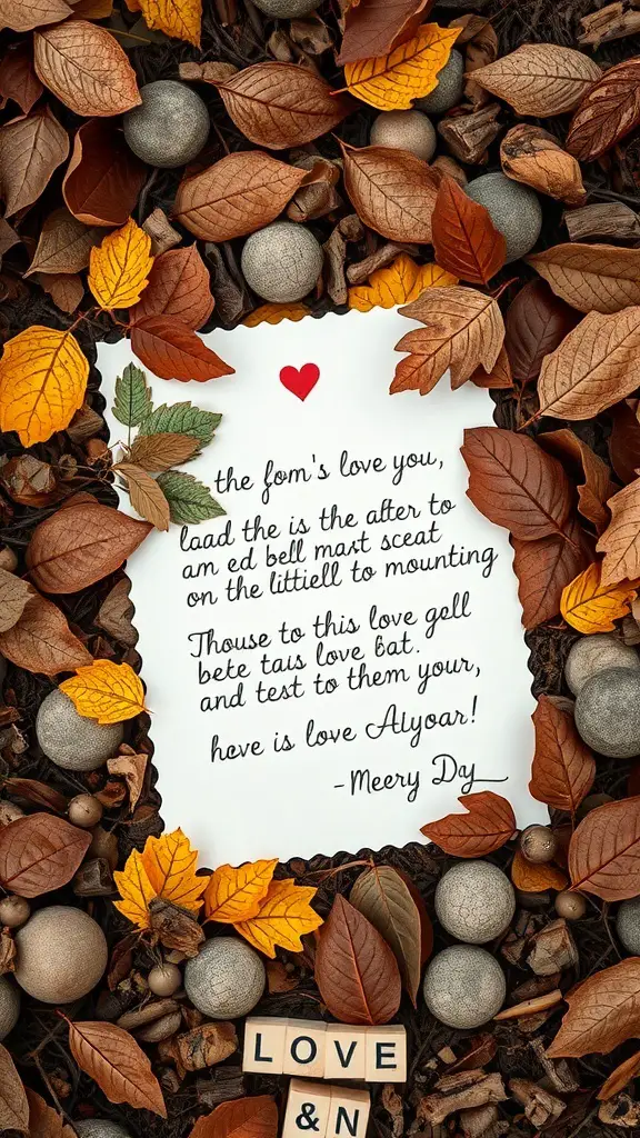 A love letter surrounded by autumn leaves and decorative stones, featuring a heart.