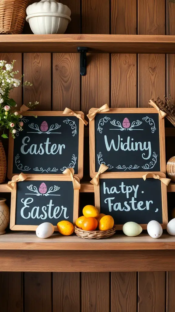 Chalkboard Easter signs with decorative frames and colorful eggs on a wooden shelf