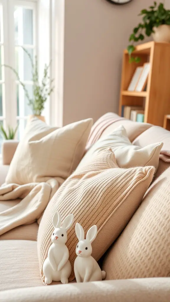 Pastel bunny figurines on a couch with soft pillows