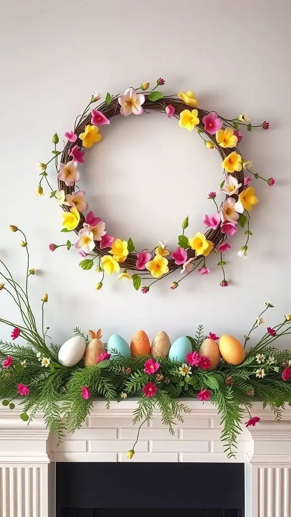 A colorful spring wreath with flowers and decorative eggs on a mantle