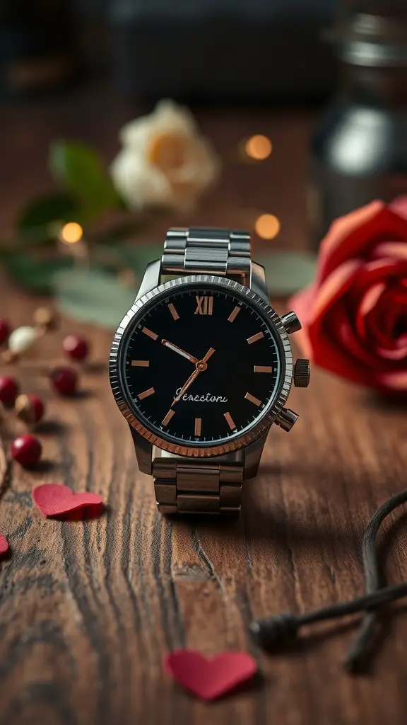 A stylish personalized engraved watch surrounded by romantic decorations.