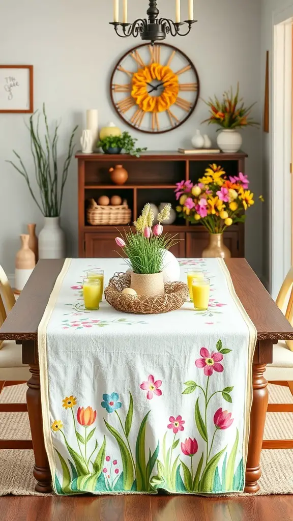 Easter-themed table runner with flowers on a wooden table
