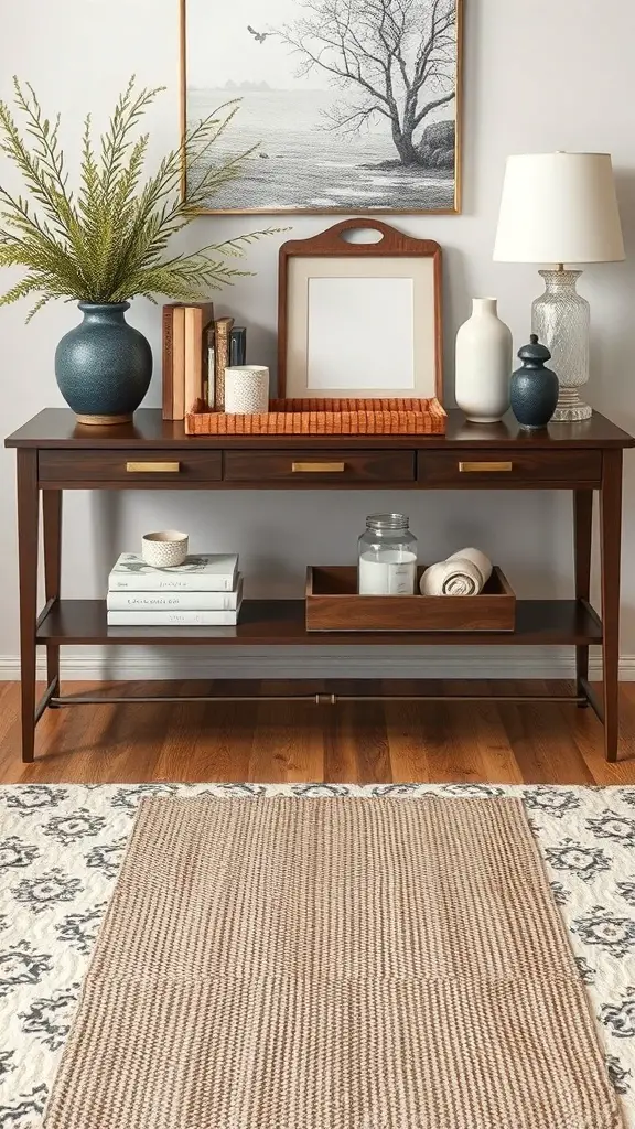 27+ Stunning Console Table Decor Ideas You Need to Try 2 A stylish console table with layered textures and fabrics, featuring a vase, books, and decorative items.
