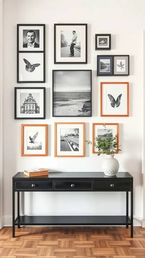 A stylish entryway featuring a gallery wall of framed art and a sleek black entryway table.