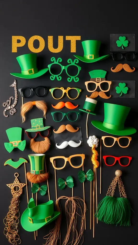 A variety of leprechaun-themed photo booth props including hats, glasses, mustaches, and bows.