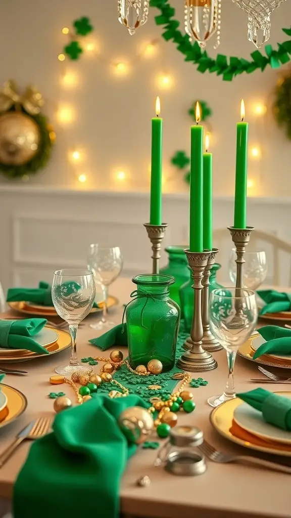 A festive St. Patrick's Day table setting with green candles, gold-rimmed plates, and decorative items.