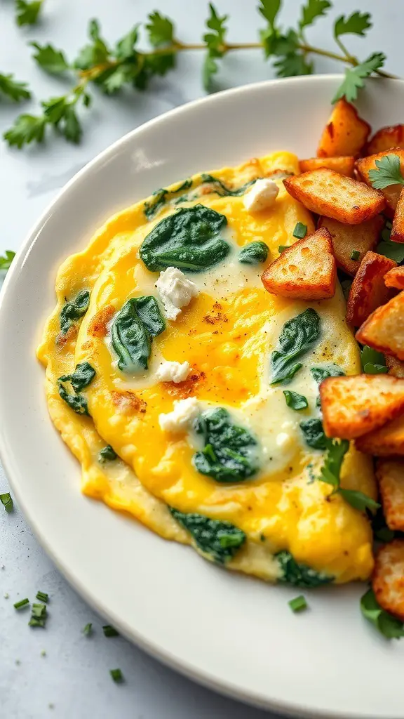 A savory spinach and feta omelette served with crispy potatoes.