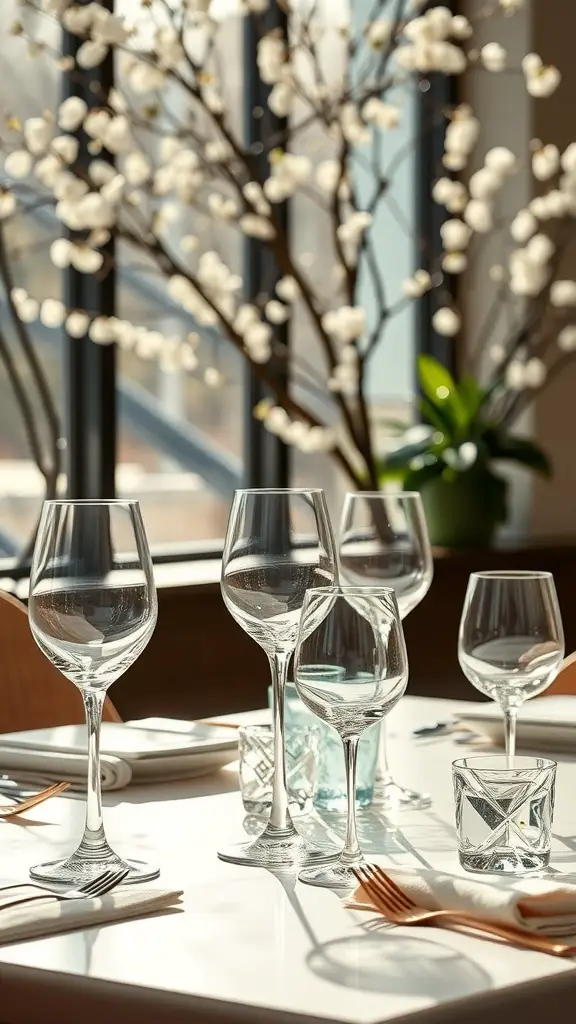 A dining table set with elegant glassware and a floral arrangement
