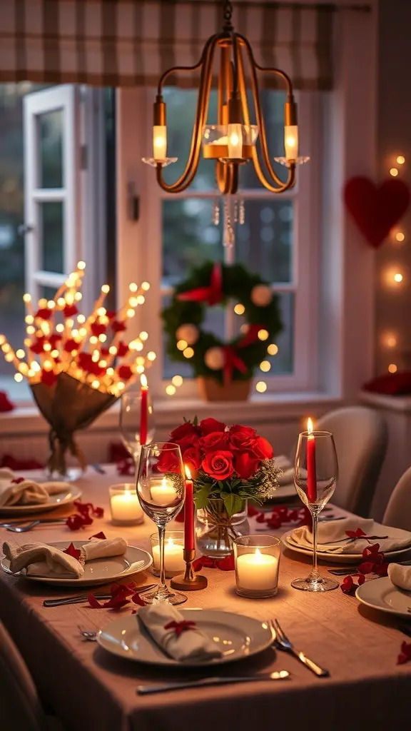 A beautifully set dinner table with candles, red roses, and soft lighting for a Galentine's dinner party.