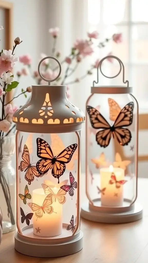 Two decorative lanterns with butterfly designs, illuminated by candles, surrounded by flowers.