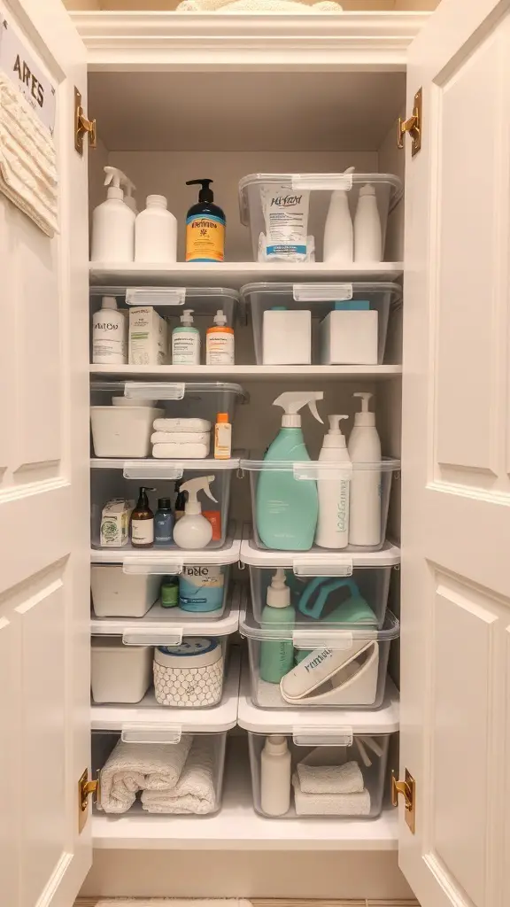 Organized bathroom storage with labeled plastic bins