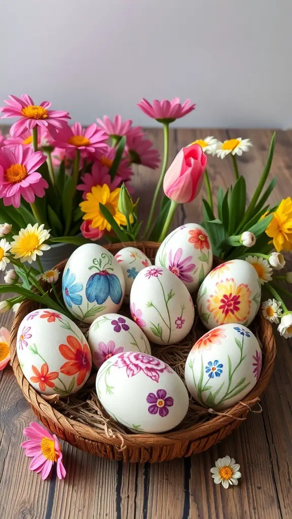 A basket of hand-painted Easter eggs surrounded by colorful flowers.