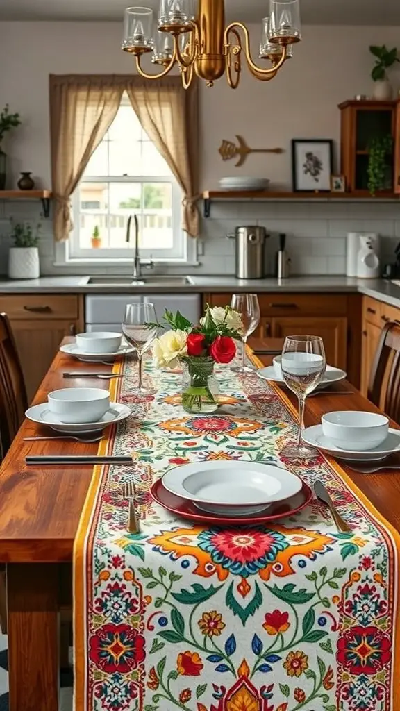 A kitchen table set with a colorful floral table runner, white plates, and a small vase of flowers.