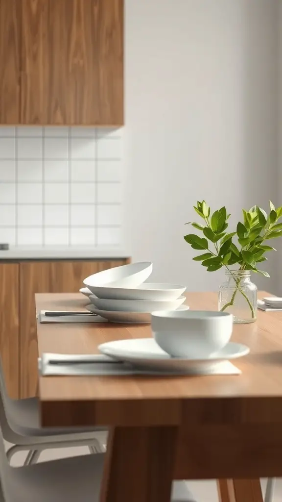 A minimalist kitchen table setting with white plates, bowls, and a small vase of greenery.